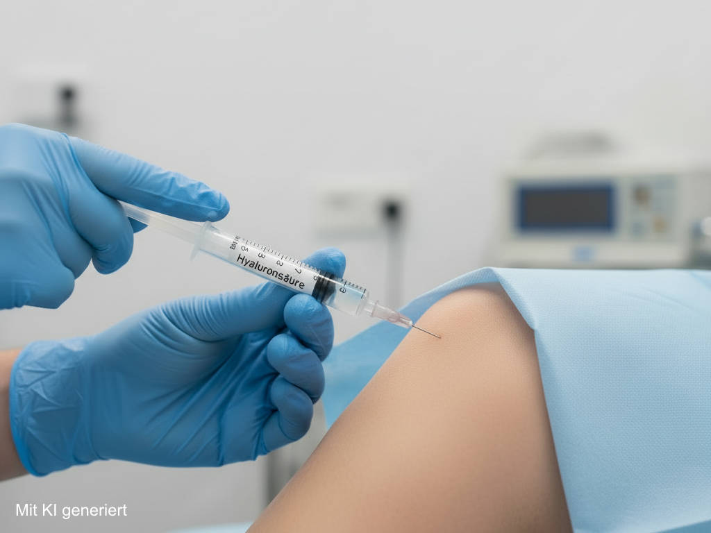 Injektion mit Hyaluronsäure in das Knie einer Patietin