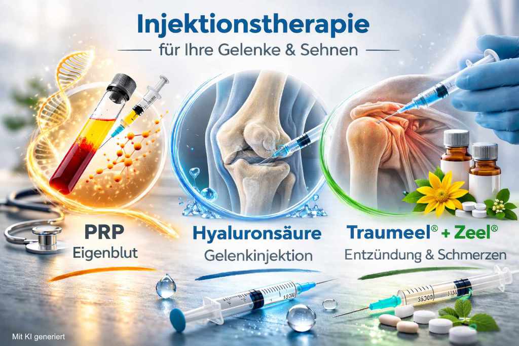 Grafische Darstellung der  drei Injektionstherapien: PRP, Hyaluron, Traumeel